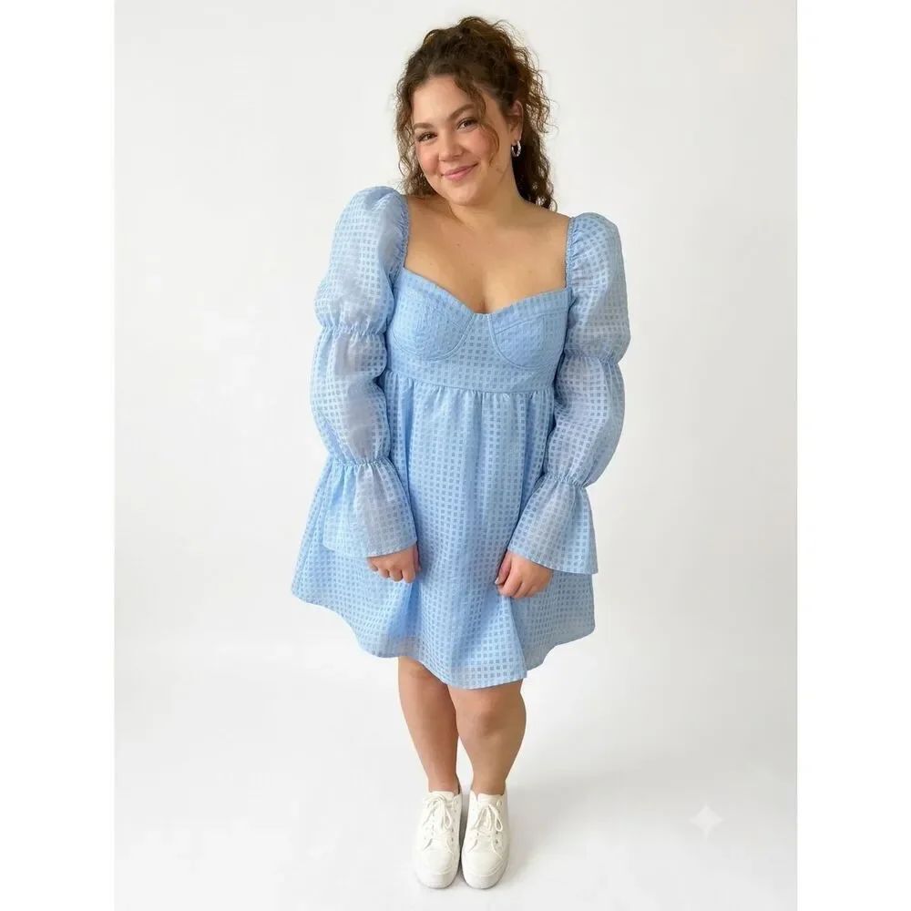Boohoo Baby Blue Checkered Organza Mini Dress Puff Sleeve Babydoll Milkmaid 14